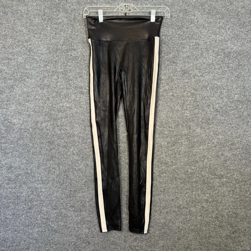 Spanx Leggings Womens Small Black Shiny Side Stripe Shapewear‎ Mid Rise